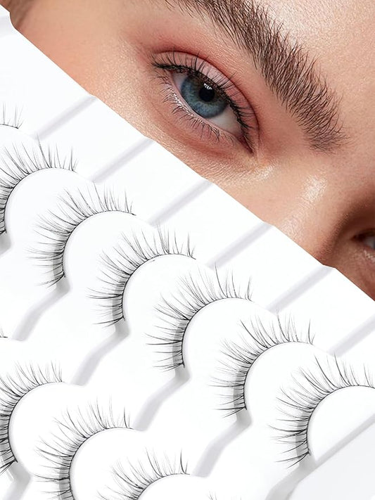 Lashes Short Eyelashes 10MM Natural Lashes Wispy Thin Band Strip Lashes Short Eyelashes Natural Look 3D Volume Lashes 7 Pair Fake Lashes Siligli-GlimoraGlow