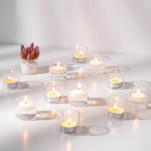 NUPTIO Glass Votive Candle Holders: Set of 24 Clear Tealight Holders Bulk - Mini Floating Candleholder for Christmas Thanksgiving Party Table Centerpieces Home Decor (1.8 x 1.57 inch)