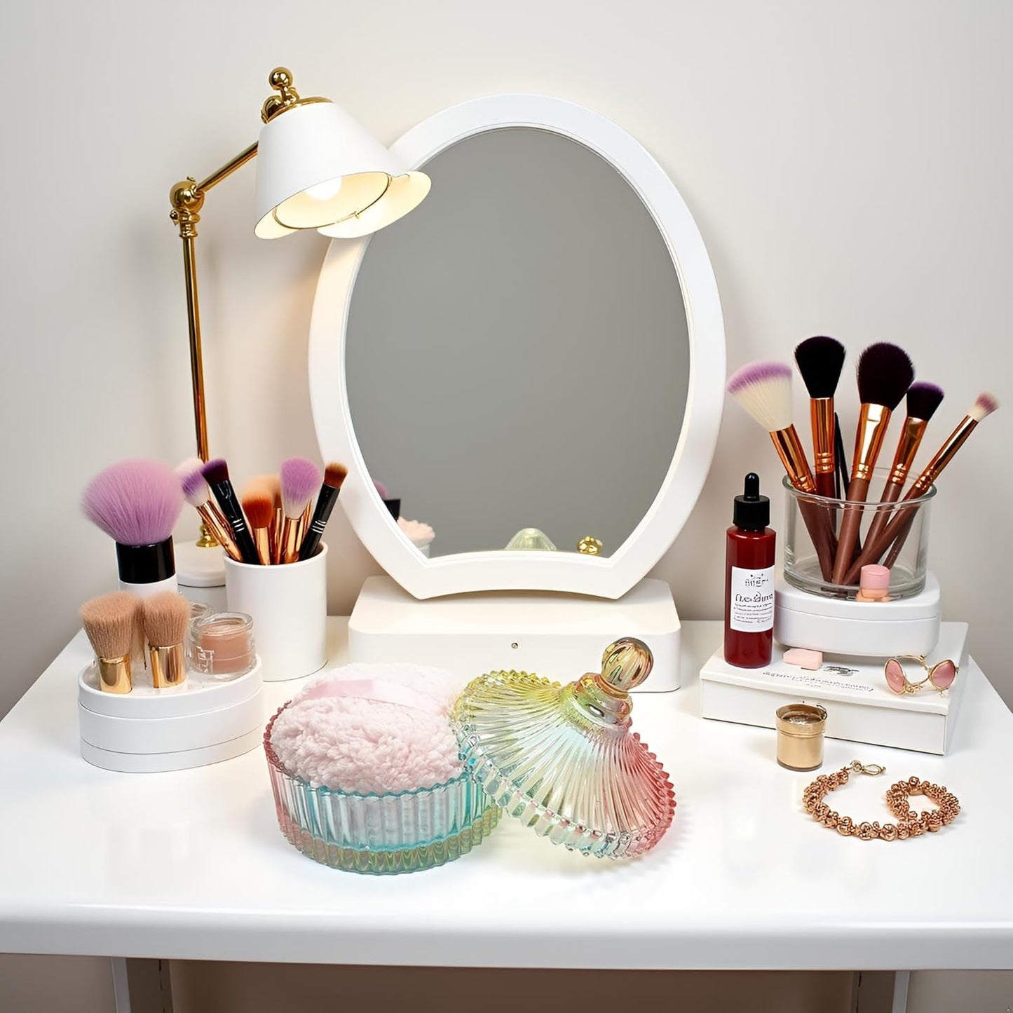 Extra Large Body Powder Puff and Container - Vintage Glass Dusting Powder Container with Soft Puff for Women & Girls (5.9x5.9x5.9 IN)-GRB010-Colorful-A-GlimoraGlow