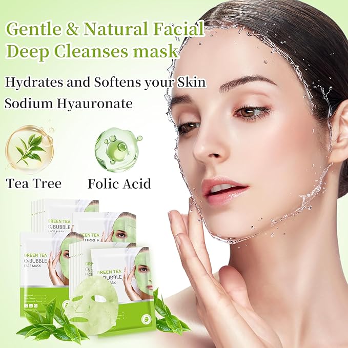 10 Sheets Face Masks Skincare O2 Bubble Green Tea Face Mask, Cleaner Bubble Sheet Masks Foaming Purifying Facial Mask for Pores, Moisturizing Spa Face Masks Skin Care For All Skin Type-GlimoraGlow