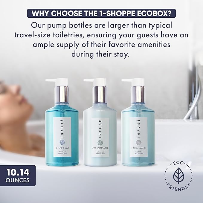 1-Shoppe Infuse 40 Piece Ecobox All-In-Kit | White Tea and Coconut Soap | 12 Shampoo, 8 Conditioner, 12 Body Wash & 8 Lotion | 10oz Hotel Soaps and Toiletries Bulk | Personal Care Products-GlimoraGlow