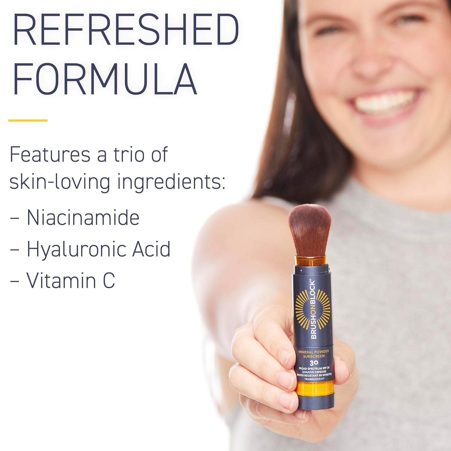 Brush On Block SPF 30 Mineral Powder Sunscreen New Formula, With Niacinamide, Hyaluronic Acid, & Vitamin C, Broad Spectrum, Water Resistant, Translucent, For All Skin Types, Reef Friendly, Mfg in USA-GlimoraGlow