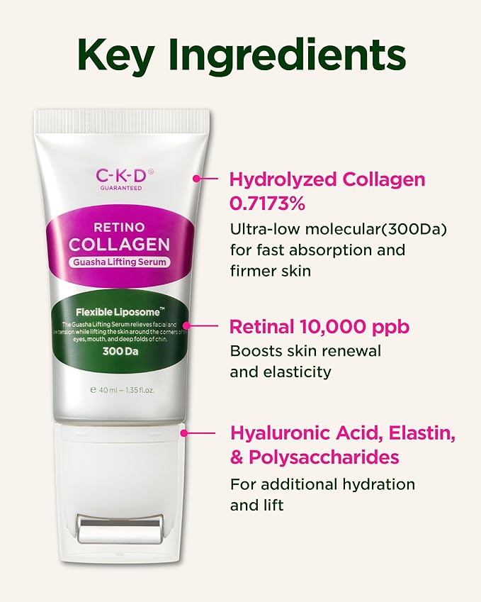 CKD Gua Sha Face Serum - Retinol Collagen Lifting Serum for Firming, Tightening, and Instant Face Lifting. Wrinkle Reduction with Massage Roller. Korean Skin Care. 1.35 fl oz-GlimoraGlow