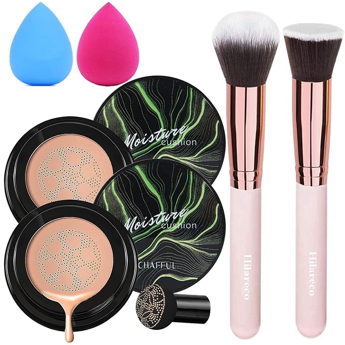 2 PCS Mushroom Head Air Cushion CC Cream Nature Foundation,Foundation Brush Powder Brush,Moisturizing Concealer, Bright Makeup Base Long Lasting with Mushroom Makeup Sponge(#05 Sand)-GlimoraGlow