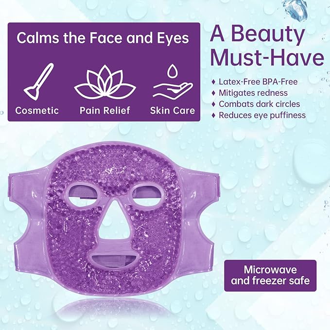 Ice Face Mask Reusable and Cold Gel Eye Mask for Puffiness/Dark Circles/Eye Bags/Dry Eyes/Headaches/Migraines/Stress Relief, Ice Pack for Eyes & Face (Purple)-GlimoraGlow