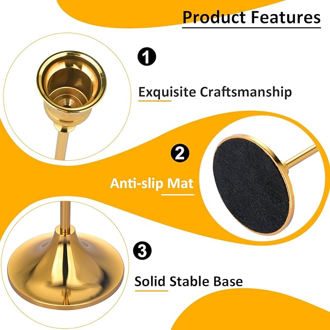 Metal Candle Holders for Candlesticks Taper Candlestick Holders Set Vintage Decorative Centerpiece Candelabra Tall Candle Stands for Halloween Thanksgiving Christmas (Gold, 1 Set (3 pcs))