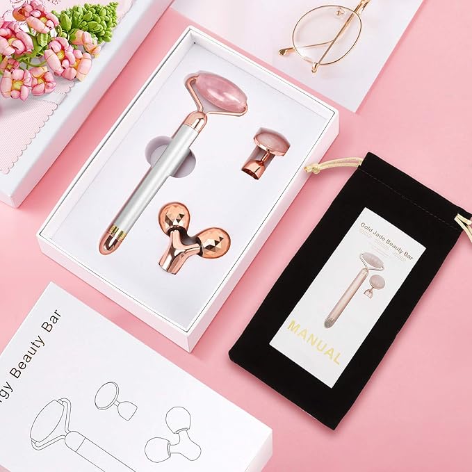 DANGSHAN 3-in-1 Electric Jade Roller 3D Roller Facial Roller & Face Massager, Rose Quartz-GlimoraGlow