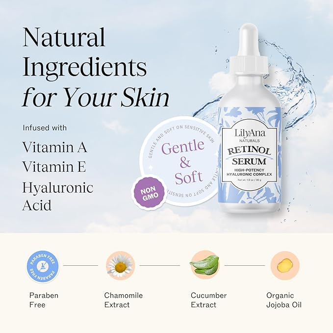 LilyAna Naturals Retinol Serum - Made in USA, Anti Aging Face Serum with Hyaluronic Acid and Vitamin E, Reduces Age Spots and Sun Damage, Promotes Collagen and Elastin (Retinol, 1oz)-GlimoraGlow