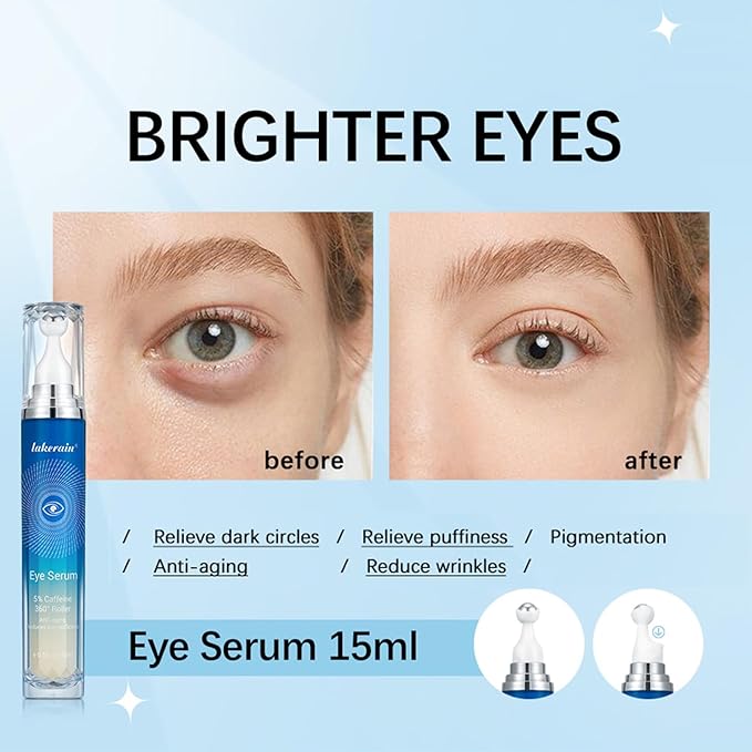 5% Caffeine Eye Serum with 360° Eye Massage Roller Eye Serum for Dark Circles & Relieve Puffiness, Reduce Wrinkles and Fine Lines, Eye Bags, Tighten Lifting Brightening Under Eye Cream-0.5 OZ-GlimoraGlow