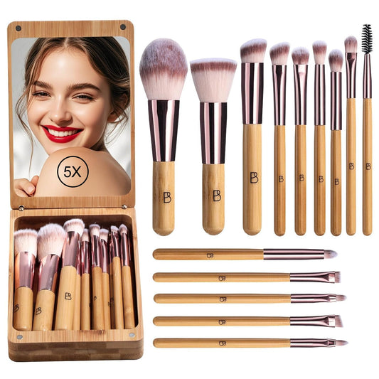 BS-MALL Travel Makeup Brush Set Kabuki Brushes Bamboo- Includes Eyeshadow Blush Brush & Foundation Brush For Liquid Makeup - 5X Magnifier Bamboo Mirror Case For Travel or On the Car Daily Use-GlimoraGlow