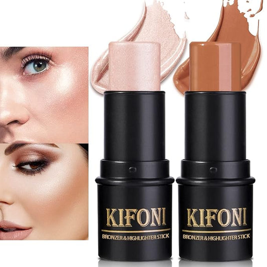 2 Pcs Cream Contour Stick Makeup Kit, Cream Highlighter Stick & Contour Bronzer Stick for Cheeks, Lightweight Blendable Smooth -Highlighter & Bronzer (#04 Light Rose Gold #07 Coffee)-GlimoraGlow
