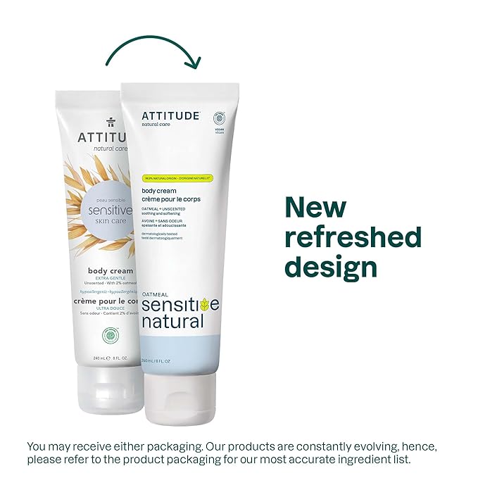 ATTITUDE Body Cream for Sensitive Skin with Oat, EWG Verified, Dermatologically Tested, Vegan, Extra Gentle, Unscented, 8 Fl Oz-GlimoraGlow