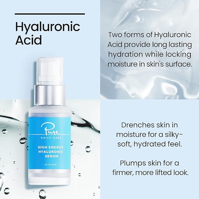 Pure Daily Care High Energy Hyaluronic Serum (1oz) - Hydrating Clinical Grade Hyaluronic Acid Serum-GlimoraGlow