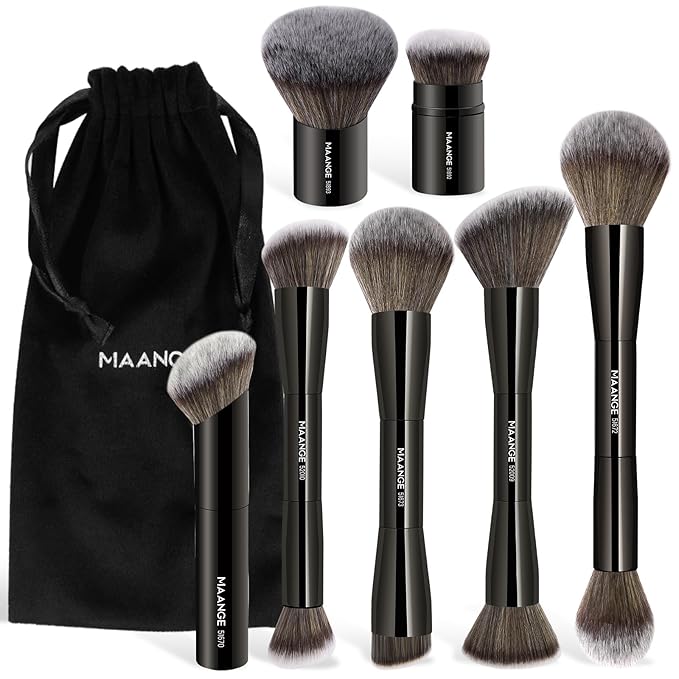 MAANGE 7pcs Makeup Brush Set Double Sided Kabuki Makeup Brushes Contour Brush for Foundation Liquid Powder Concealer Cream Cosmetics Bronzer Blending Blush Buffing Makeup Tools (Black)-GlimoraGlow