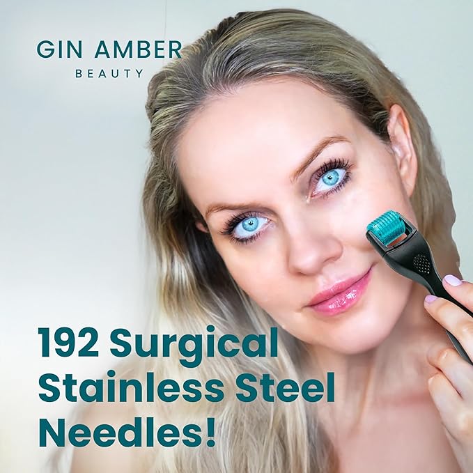 Gin Amber Beauty Derma Roller with Replaceable Head Design – 192 Real individual needles, Micro Needling Roller for Face, Beard, and Scalp Care, 0.25mm Face Roller-GlimoraGlow