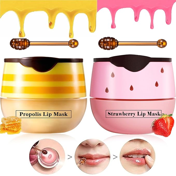 2 Pcs Lip Balm Honey Pot Lip Treatment Overnight Lip Sleeping Balm Strawberry Honey Pot lip Mask Moisturizing Exfoliating Prevent Dry & Cracked Diluting Lip Lines (Honey & Strawberry)-GlimoraGlow