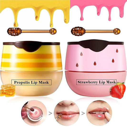 2 Pcs Lip Balm Honey Pot Lip Treatment Overnight Lip Sleeping Balm Strawberry Honey Pot lip Mask Moisturizing Exfoliating Prevent Dry & Cracked Diluting Lip Lines (Honey & Strawberry)-GlimoraGlow