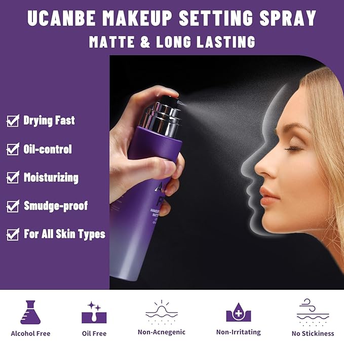 UCANBEMAKUP Long Lasting Makeup Setting Spray Kit- 6.76 Fl oz Hydrating Matte Finish Mist Lightweight Face Make up Fixer +Translucent Loose Setting Powder+2PC Sponge Puff Set-GlimoraGlow