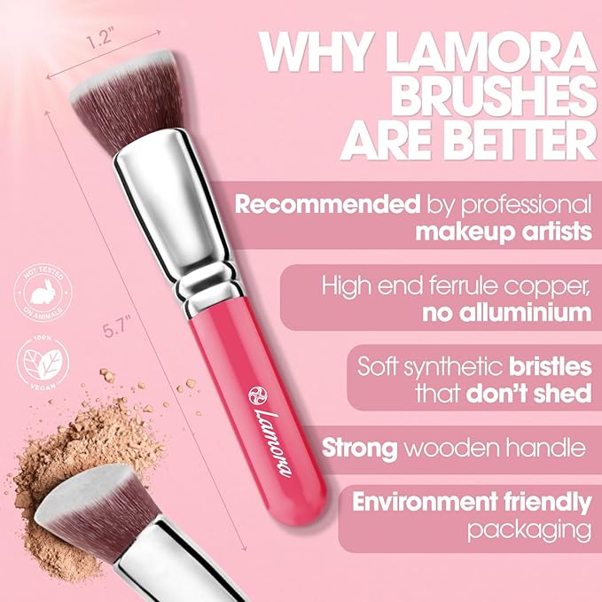 LAMORA Foundation Brush for Liquid Makeup - Kabuki Face Brush for Cream, Powder, Blush, and Concealer - Flat Top Blending, Buffing, Stippling Brush-GlimoraGlow
