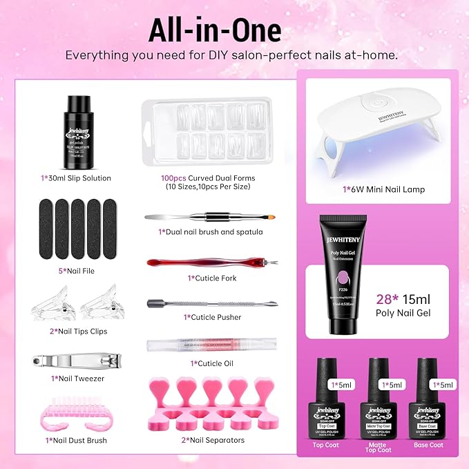 JEWHITENY Poly Gel Nail Kit 28 Colors Nude Gray Glitter with Nail Lamp Base Top Coats Builder Gel All-In-One Set Ideal for Designs DIY At Home Need U V Lamp Curing-GlimoraGlow