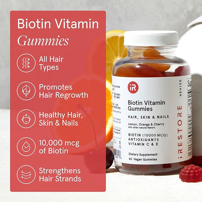 iRestore Hair Gummy Vitamins, Vegan Biotin Gummies for Hair Skin and Nails Gummies, Hair Gummies, Biotin Gummies for Hair Growth Biotin Vitamins Hair Vitamins Gummies for Women & Men, Biotin 10000mcg-GlimoraGlow