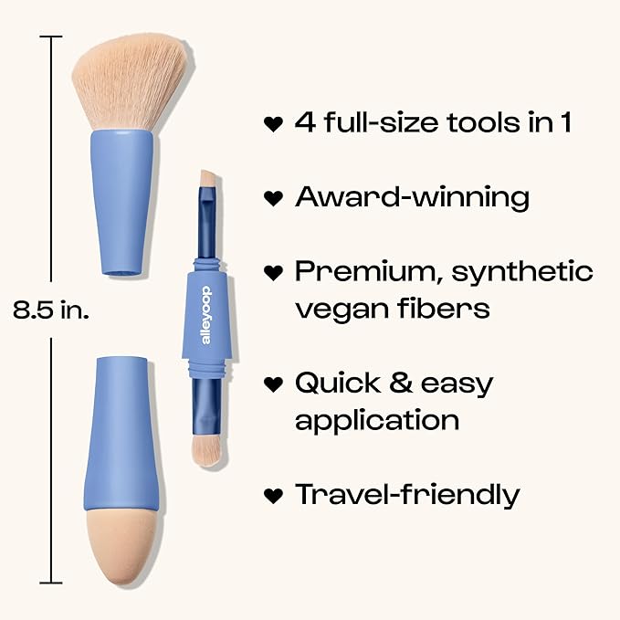 Alleyoop Multi-Tasker 4-in-1 Travel Makeup Brush Set – Compact Makeup Brushes with Blending Sponge, Eyeshadow, Eyebrow & Liner, Blush & Bronzer Brush – Mini Makeup Tools Kit for Women, Vegan-GlimoraGlow