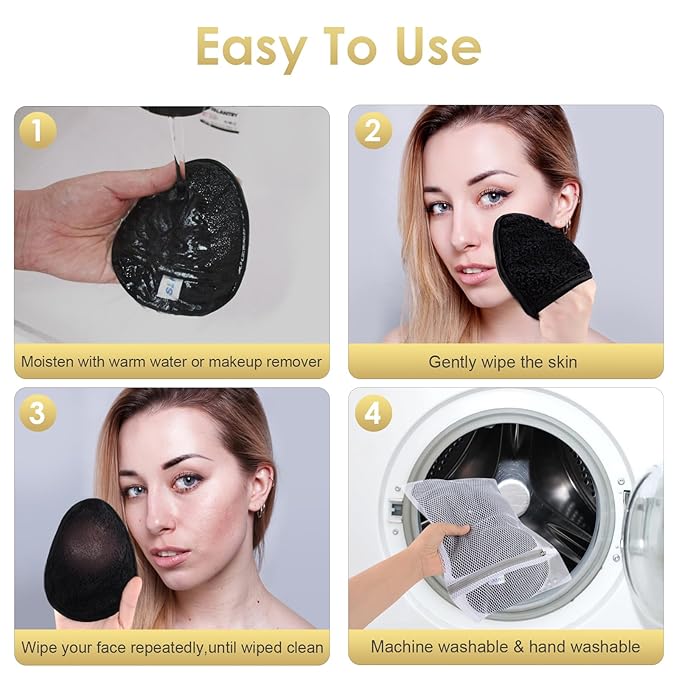 SINLAND Reusable Makeup Remover Pads For Face,Eye,Lips Microfiber Gentle Facial Cleansing Cloths for All Skin Types Friendly for Makeup Remover With Laundry Bag Black Pack of 12-GlimoraGlow