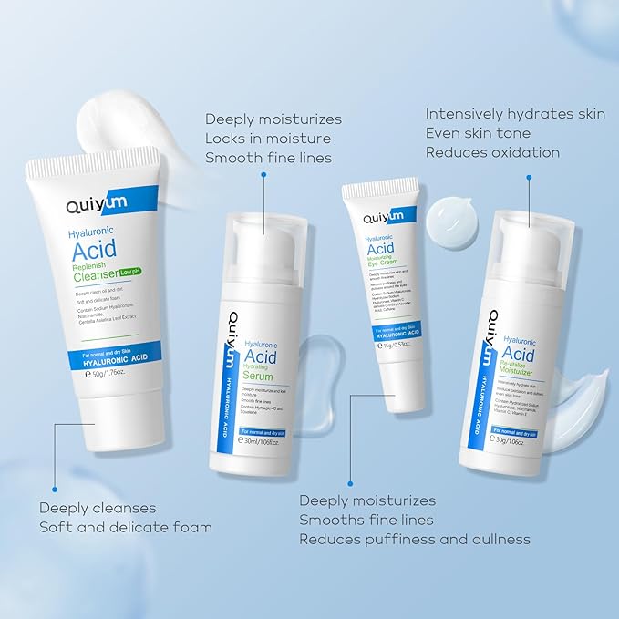 Hyaluronic Acid Skin Care Set, Hydration Kit for Women Teen Girls, Low pH Cleanser, Moisturizer, Serum, Eye Cream, Anti Aging, Firming, Travel Size Facial Care Gift Set for Dry Sensitive Skin-GlimoraGlow