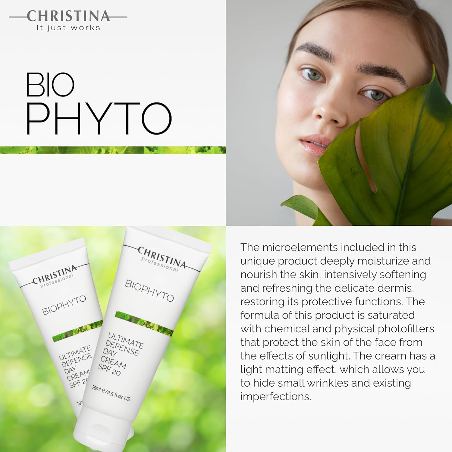 Christina Bio Phyto Ultimate Defense Day Cream Moisturizer with SPF 20-75 ml - Broad Spectrum UVA/UVB Protection Facial Moisturizer with Hyaluronic Acid & Vitamin B12- For Normal & Combination Skin-GlimoraGlow