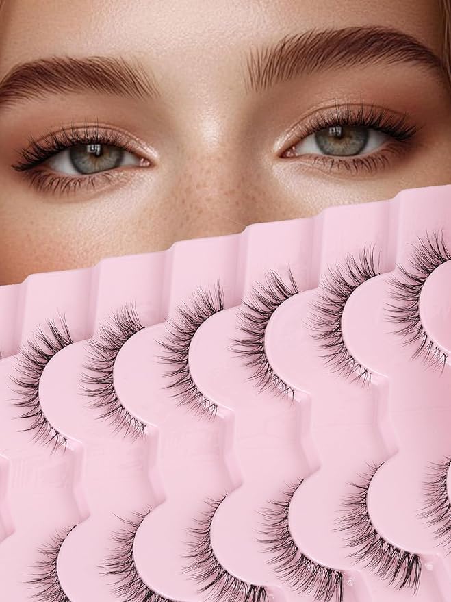 Cat Eyelashes Natural Eye Lashes 12mm False Lashes Wispy Thin Band 3D Volume Fake Eyelash C Curl Lash Pack Natural Look 7 Pair-GlimoraGlow