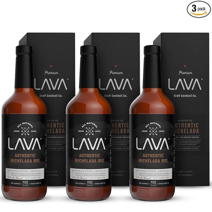 (3 Pack) LAVA All Natural Authentic Michelada Mix Craft Cocktail Mixer, Made with Real Tomatoes, Ancho Chile Peppers, Tamarind, No Junk Ingredients, Vegan, 1-Liter (33.8oz) Glass Bottle, Ready to Use-GlimoraGlow