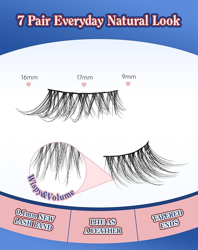 Half Lashes Natural Eyelashes 3/4 Wispy Lashes Natural Look Cat Eyelash False Corner Lash Long Strip Fluffy Pack 7 Pairs 16MM D18-GlimoraGlow