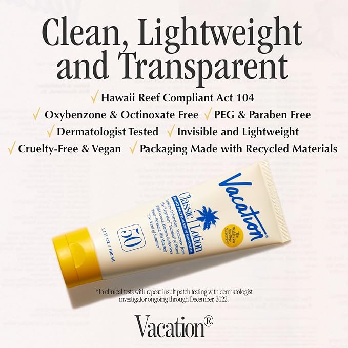 Vacation Classic Sunscreen Lotion SPF 50, Water-Resistant, Lightweight, Transparent on All Skin Tones, Dermatologist-Tested, Vegan, Travel Size, 3.4 Fl. Oz. (Value Pack of 3)-GlimoraGlow
