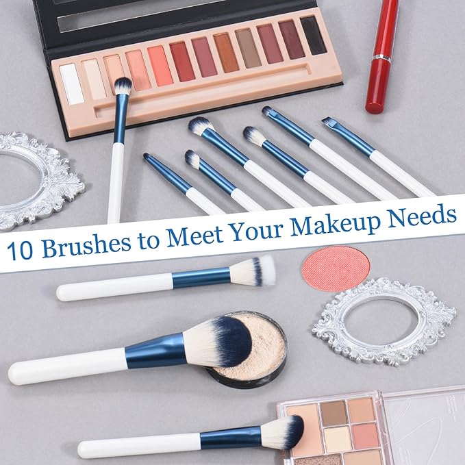 Makeup Brushes Set With Case 10Pcs White Makeup Brush Kit Foundation Eyeshadow Powder Blending Kabuki Eyebrow Eyelash Brushes Cosmetic Brush Travel Kit Gift (White+Blue)-GlimoraGlow