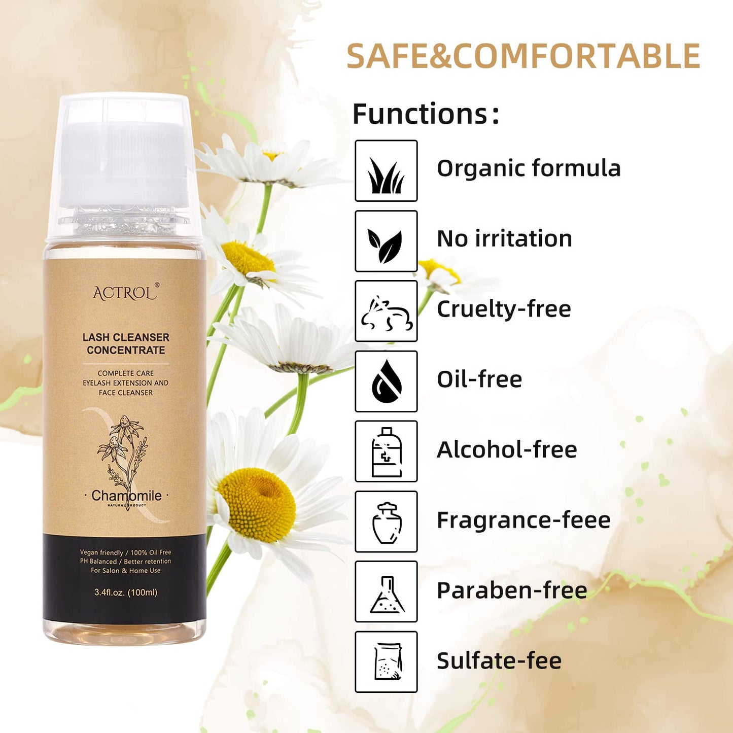 Eyelash Cleanser Concentrate 100ml Chamomile Professional Lash Shampoo Foaming Cleanser Paraben & Sulfate Free Non-lrritating Wash for Extensions Lashes with Salon Home Care-Makes 20 Bottles-GlimoraGlow