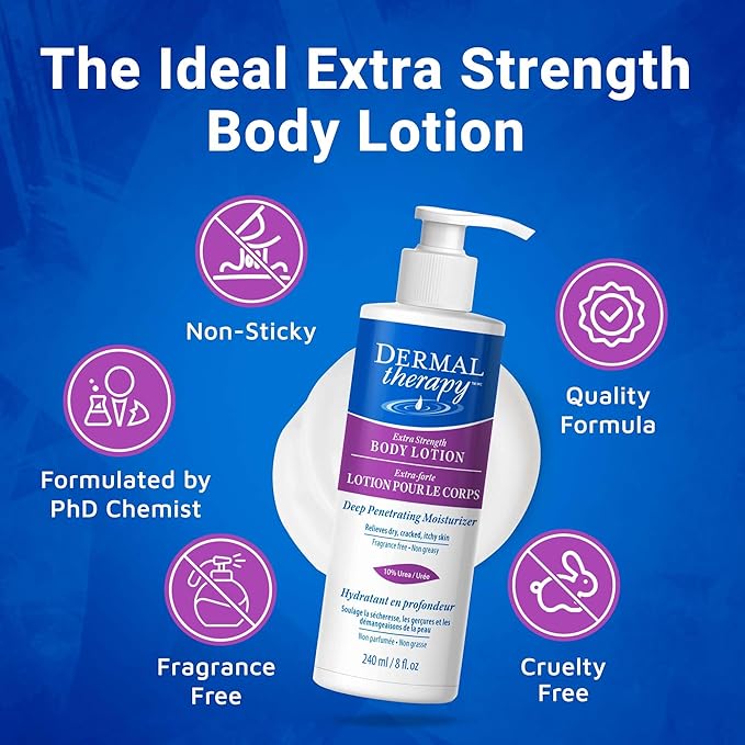 Dermal Therapy Extra Strength 5% AHA 10% Urea Body Lotion - Healing for Extremely Dry, Cracked Skin - Fragrance-Free - Sensitive Skin, Diabetes & Medication-Induced Dryness - 8 fl oz / 240 ml-GlimoraGlow
