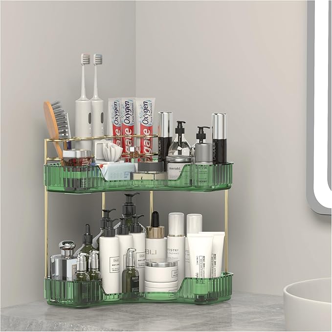 2 Tier Corner Bathroom Organizer Countertop, Vanity Makeup Organizer with Brush Holder, Space-Saving Skincare Storage Corner Shelf for Bathroom, Dressing Table, Kitchen-GlimoraGlow
