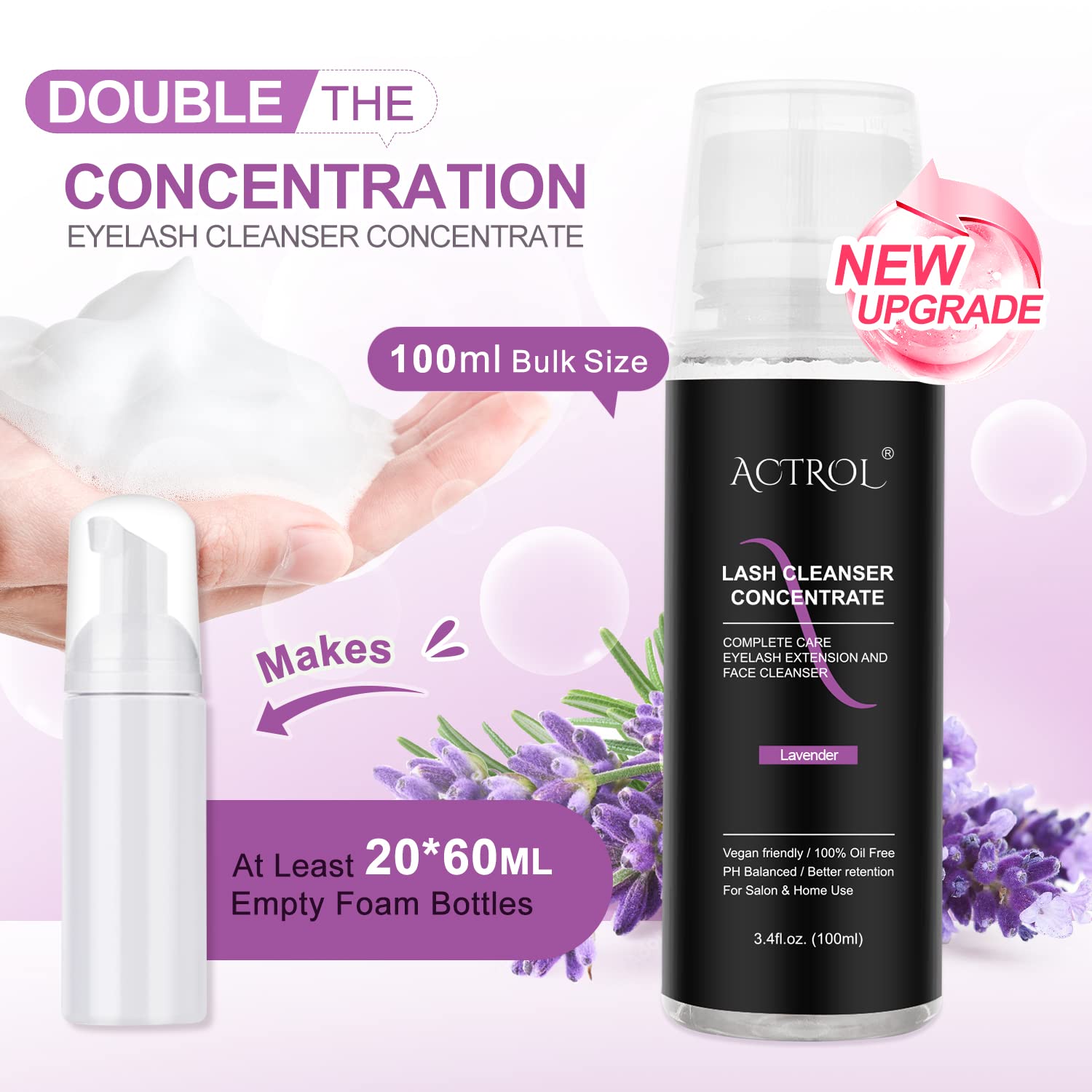 Eyelash Cleanser Concentrate 100ml Lavender Professional Lash Shampoo Foaming Cleanser DIY Paraben & Sulfate Free Non-lrritating Wash for Extensions Lashes with Salon Home Care-Makes 20 Bottles-GlimoraGlow