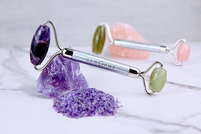 Amethyst + Jade Roller for Face and Neck Massage, Dual Gemstones with Durable Steel Handle and Travel Bag. Minimize Wrinkles, Reduce Puffiness and Restore Skin's Elasticity and Radiance-GlimoraGlow