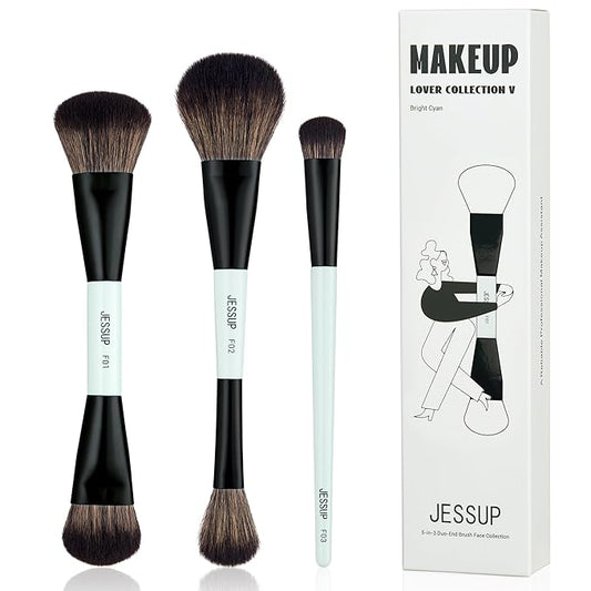 Jessup Face Makeup Brushes Blue 3pcs Double Ended Makeup Brush for Foundation Contour Blush Highlight and Concealer Brush, Premium Synthetic Brush Set T503-GlimoraGlow