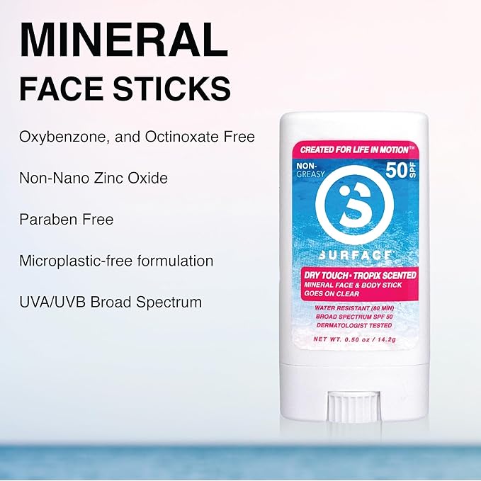 Surface Mineral Face Sunscreen Stick, Dry Touch SPF 50, Broad Spectrum UVA UVB Sun Protection for Kids and Adults, Travel Friendly, Water Resistant for 80 Minutes, Tropical Scent, 0.5oz-GlimoraGlow