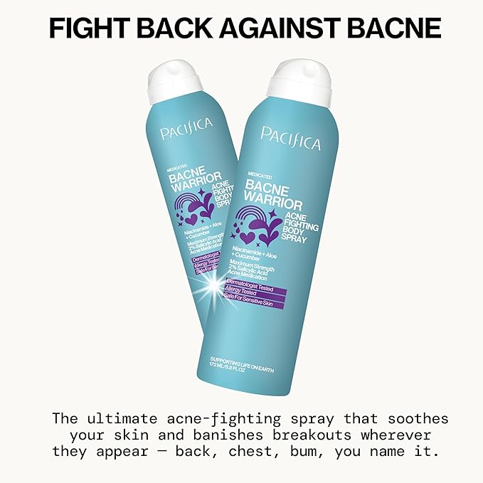 Pacifica Bacne Acne Cleanser Spray - Bacne Warrior - Body Spray for Acne Treatment - w/ 2% Salicylic Acid Niacinamide & Aloe - for Body, Chest & Back Acne for Teens & Adults Vegan Dermatologist Tested-GlimoraGlow