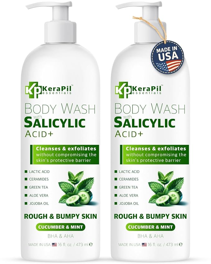 Exfoliating Body Wash with Salicylic Acid - No Dry Out, Gentle Exfoliates Rough and Bumpy Skin, Body Acne Wash, BHA & AHA - Cucumber and Mint Salicylic Acid Body Wash - (16 fl oz x 2)-GlimoraGlow