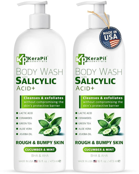 Exfoliating Body Wash with Salicylic Acid - No Dry Out, Gentle Exfoliates Rough and Bumpy Skin, Body Acne Wash, BHA & AHA - Cucumber and Mint Salicylic Acid Body Wash - (16 fl oz x 2)-GlimoraGlow