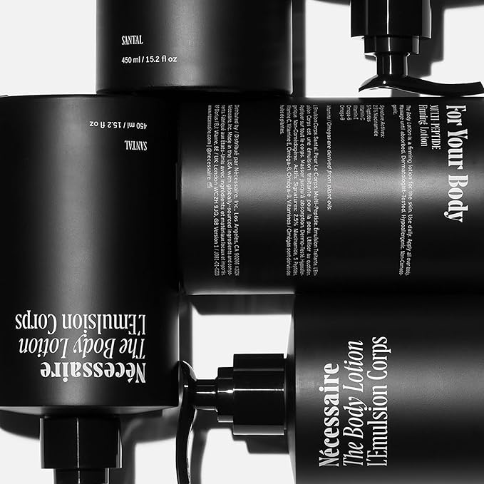 Nécessaire The Body Lotion with Pump. Santal. Multi-Peptide Firming Lotion to Moisturize, Firm, Strengthen. 2.5% Niacinamide, Vitamin C/E + Omega 6/9. 450ml / 15.2 fl oz-GlimoraGlow