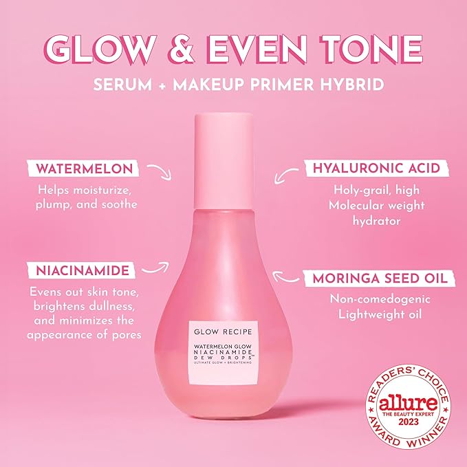 Glow Recipe Watermelon Niacinamide Dew Drops - Brightening, Plumping Hydrating Face Serum, Makeup Primer + Liquid Highlighter with Hyaluronic Acid - Dewy & Glowing Korean Skin Care (80ml)-GlimoraGlow