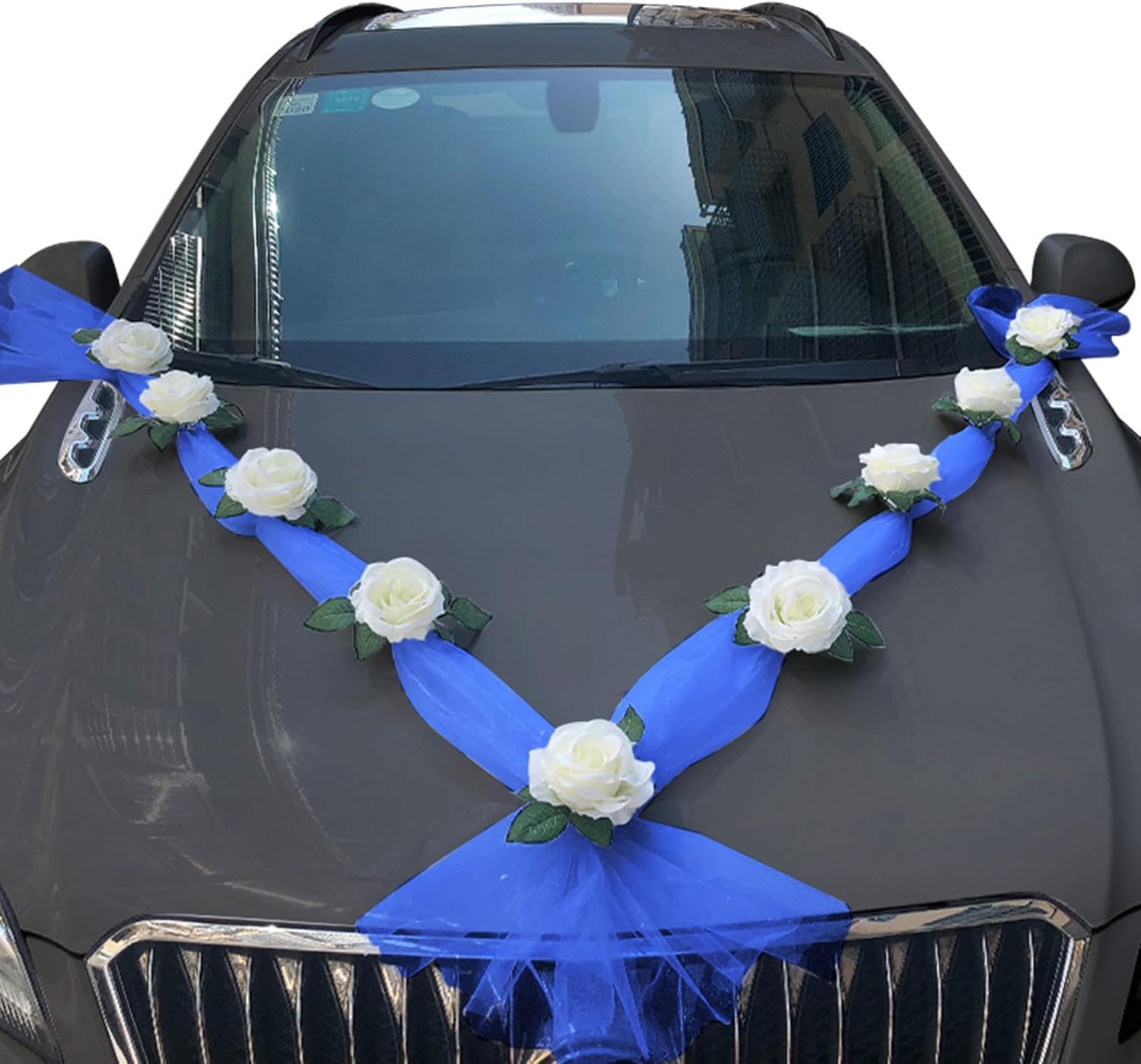 Wedding Car Flower Decoration, White Floral Flowers and Blue Ribbon Set, Just Married Automotive Ornament Accessores for Bridal Shower Party Decor