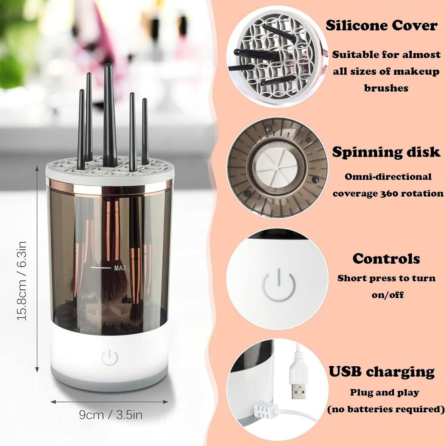 Makeup Brush Cleaner Machine, Portable Electric Makeup Brush Cleaner, Efficient Deep Cleaning Makeup Brushes, Automatic Spinning Make Up Brush Cleaner Fit for All Size Cosmetic Brush (Grey)-GlimoraGlow
