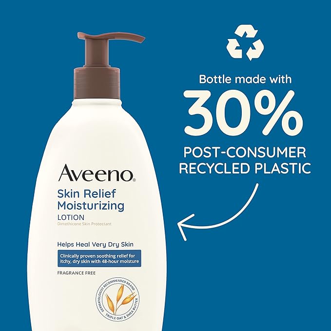 Aveeno Skin Relief Fragrance-Free Moisturizing Lotion for Sensitive Skin, with Natural Shea Butter & Triple Oat Complex, Unscented Therapeutic Body Lotion for Itchy, Extra-Dry Skin, 18 fl. oz-GlimoraGlow