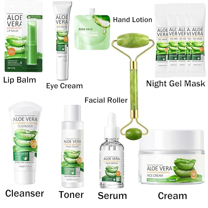 13Pcs Skin Care Products Set, Aloe Vera Skin Care Sets, Skin Care Gift Set for Women Girls, Skincare Routine Set, Face Care Kit for Dry Skin, Hydrating Moisturizer, Cleanser, Face Massage Roller-GlimoraGlow
